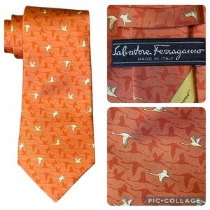 Salvatore Ferragamo Flying Cranes Orange Classic Luxury 100% Silk Tie